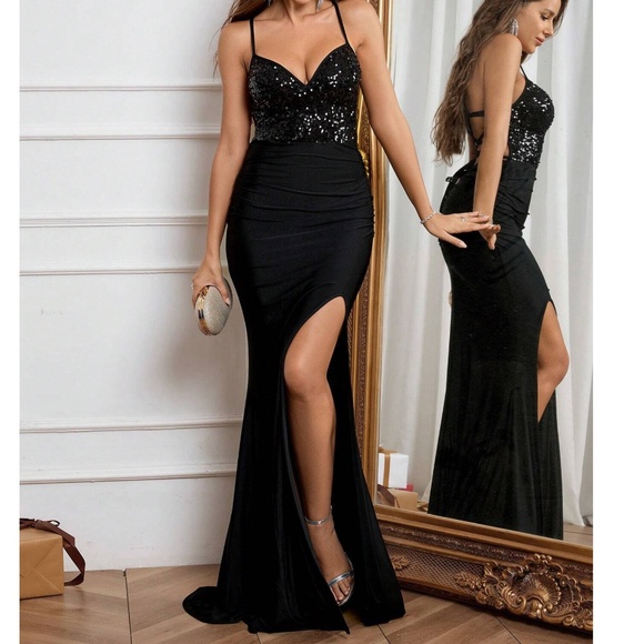Luxe Sequin Satin Criss Cross Lace up Prom Formal Party Dress - Picture 5 of 9